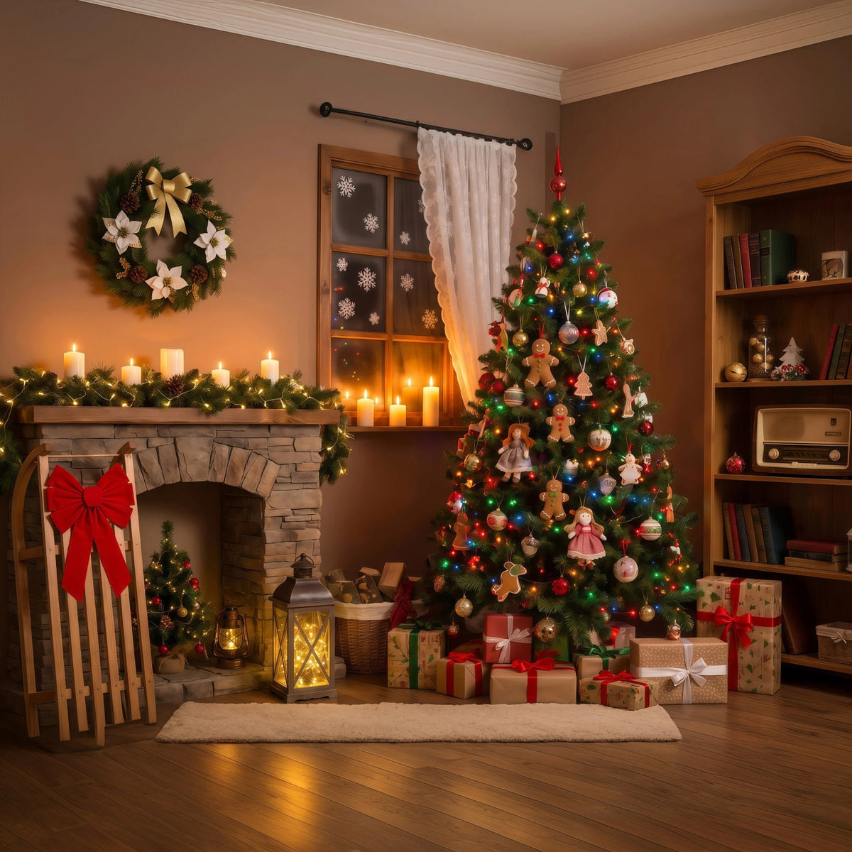 Weihnachtsnacht-Hintergrund Gemütliche Kaminpuppen-Dekoration Weihnachts-Fotografie-Hintergründe RR69-42