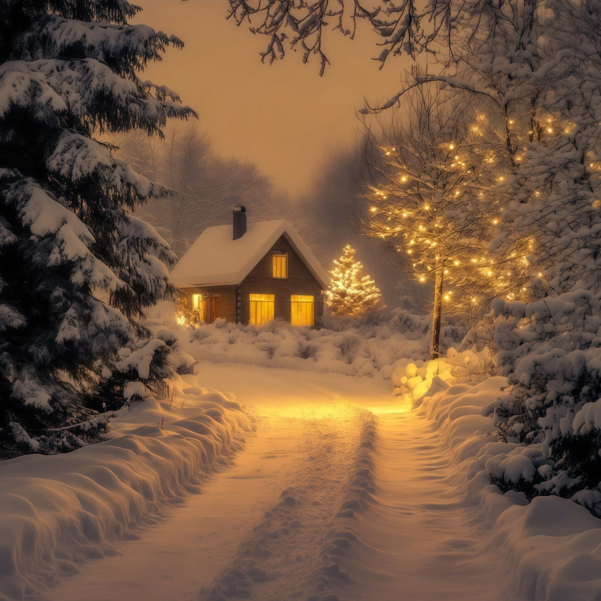 Winterliche Weihnachtskulisse Weg Zur Hütte Im Verschneiten Wald Weihnachtsfotohintergrund RR69-43