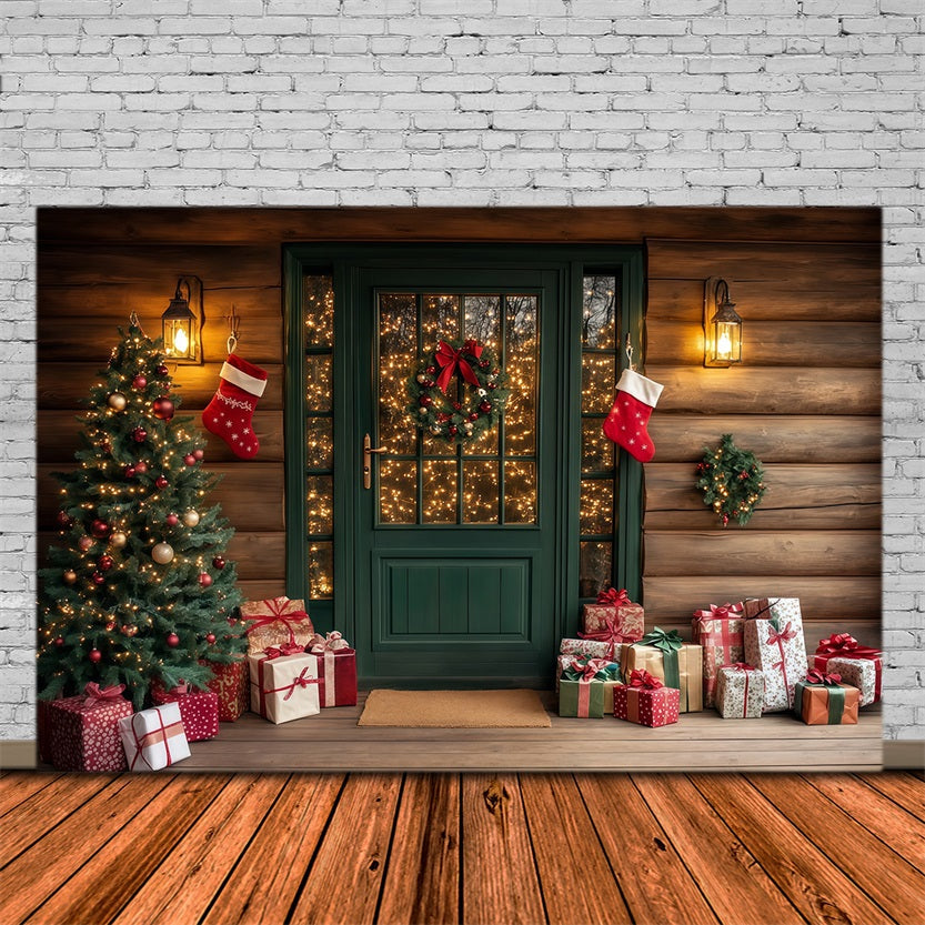 Weihnachtshütten-Kulisse Rustikale Grüne Eingangstür Weihnachtsstudio-Hintergrund RR69-73
