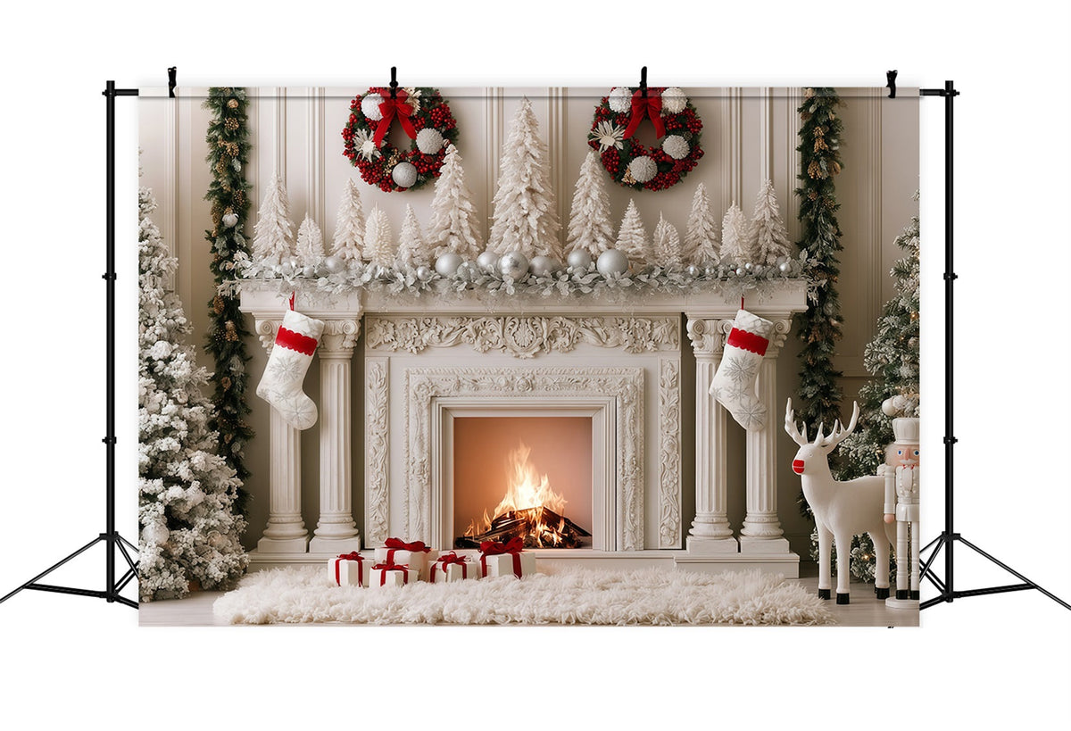 Weihnachtskamin-Hintergrund Schneeweiße Kaminsimsdekoration Studio-Weihnachtskulisse RR69-80