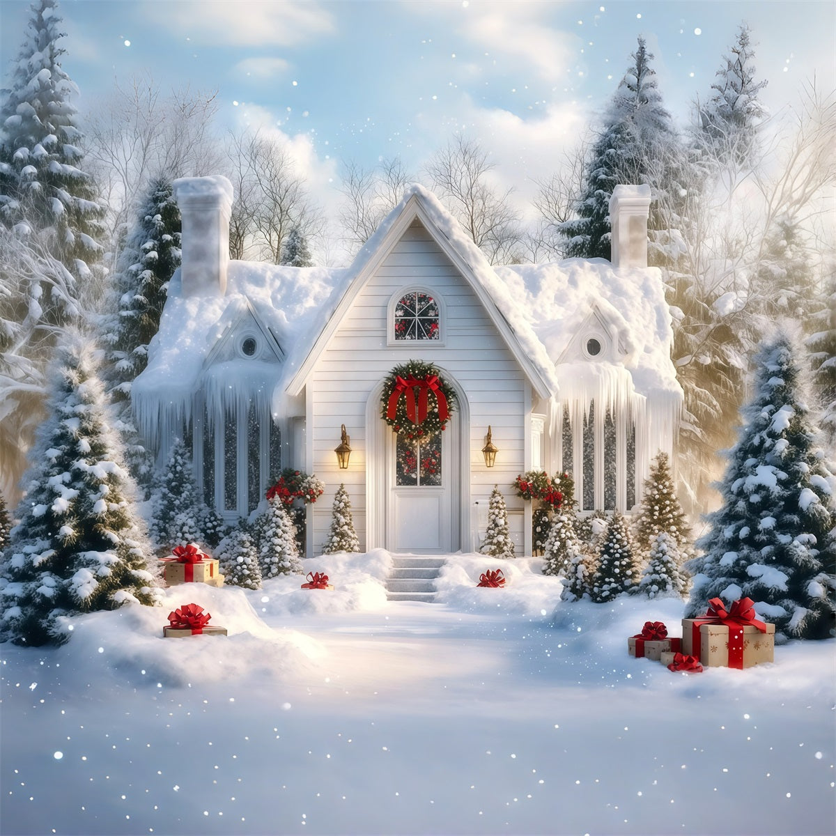 Verschneite Weihnachtskulisse Veranda Eines Winterweißen Ferienhauses Weihnachtshintergrund Aus Musselin RR69-88
