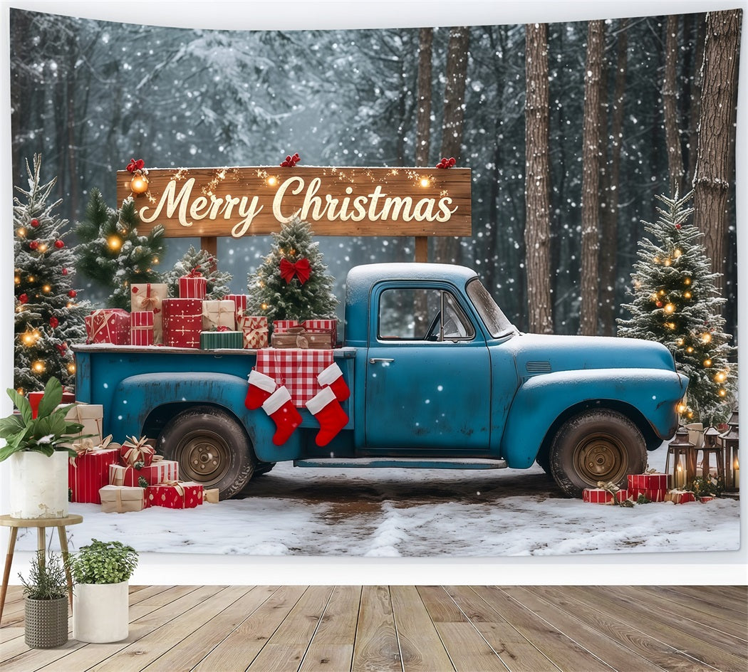 Weihnachtswald-Kulisse Blauer Vintage-Geschenkwagen Weihnachts-Fotohintergründe RR69-90