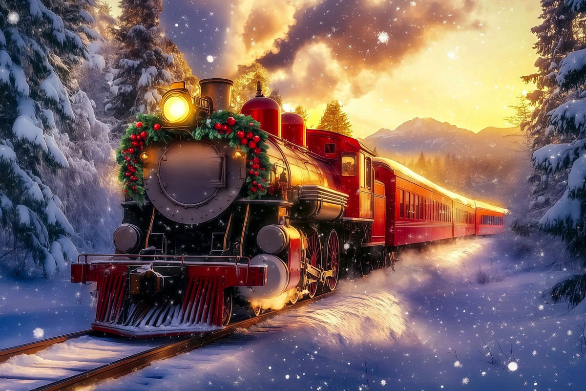 Weihnachtszug-Kulisse Golden Sunset Mountain Train Weihnachtsfotohintergrund RR69-94