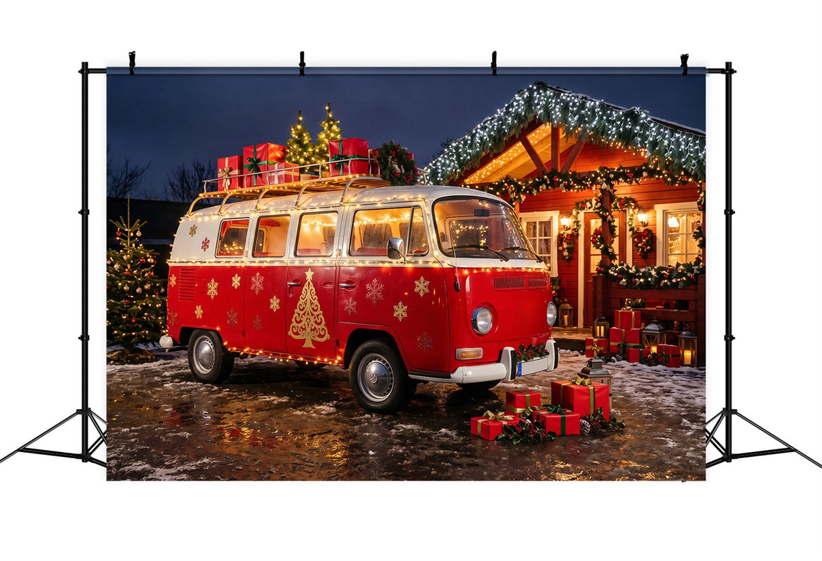 Weihnachtscamper-Fotografie-Hintergrund Gemütliche Hütte Im Roten Van Weihnachts-Fotohintergründe RR69-95