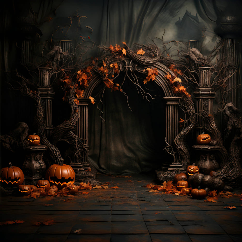 Ahornblätter Kürbisse Bogen Tür Halloween Hintergrund RR7-111