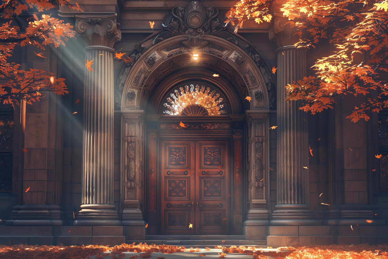 Herbst Herrenhaus Tür Ahornblätter Hintergrund RR7-148