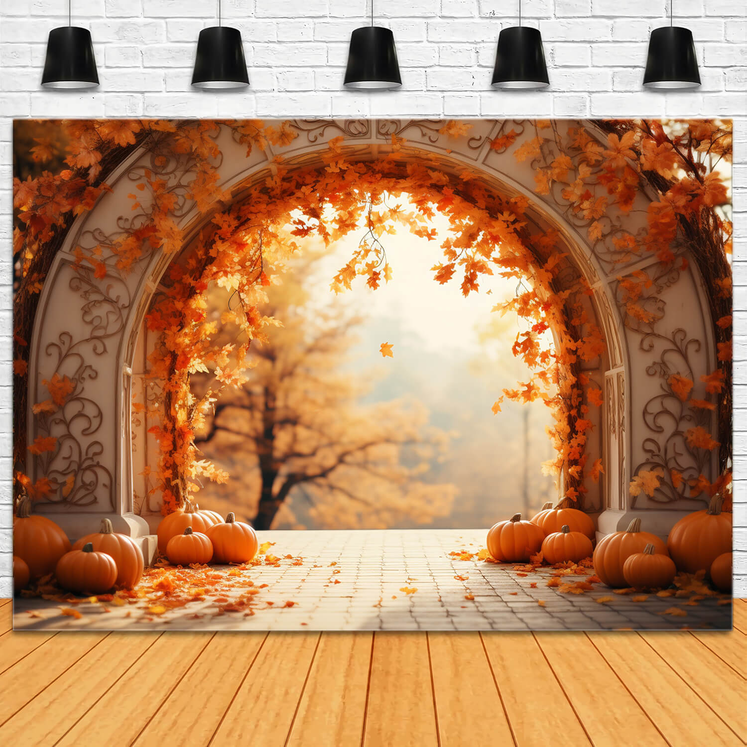 Ahornblätter Bogen Kürbisse Herbst Hintergrund RR7-178