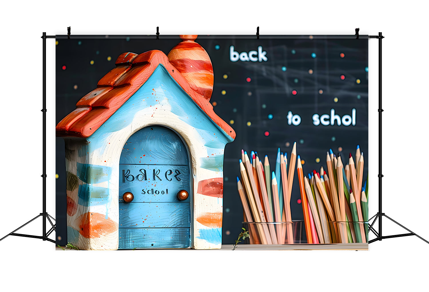 Back to School Kleines Haus Buntstifte Backdrop RR7-201