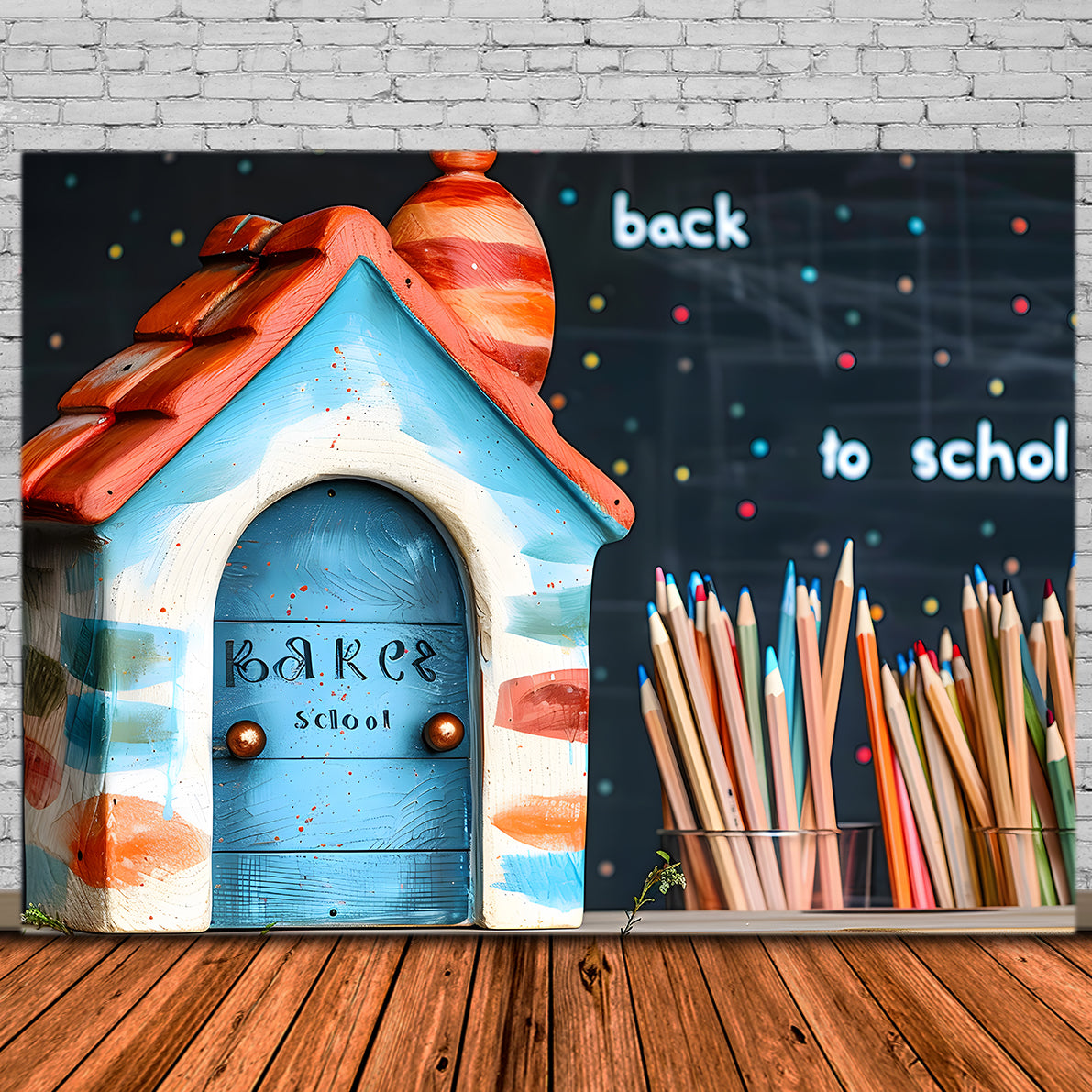 Back to School Kleines Haus Buntstifte Backdrop RR7-201