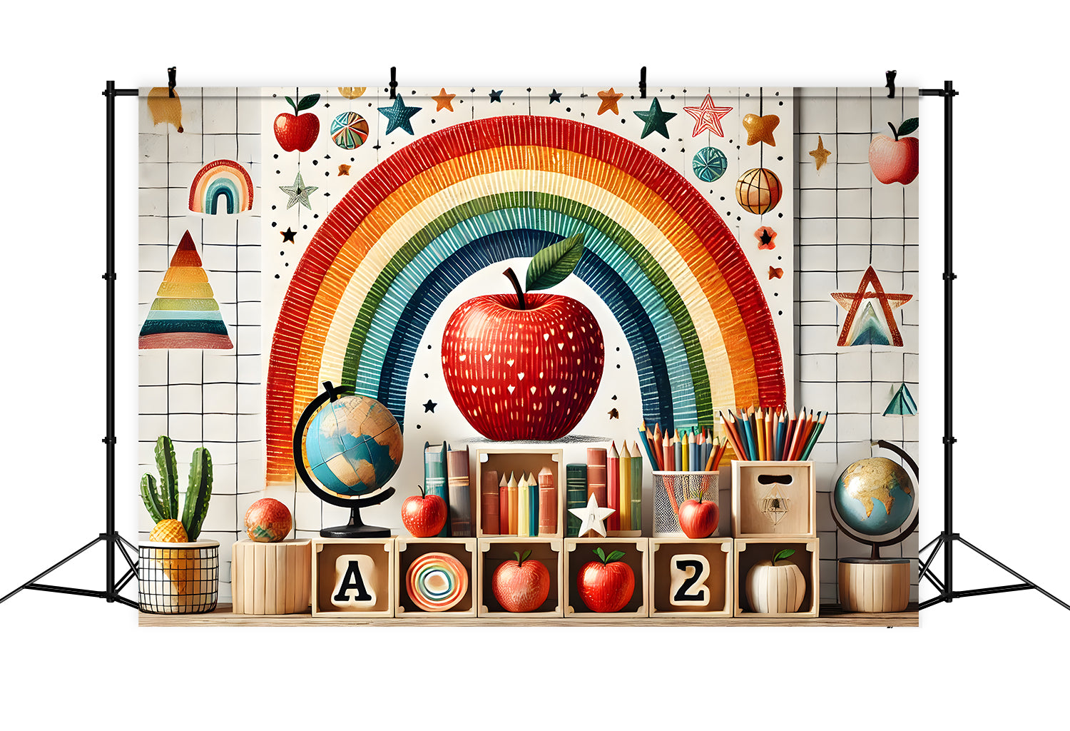 Back to School Regenbogen Äpfel Backdrop RR7-235
