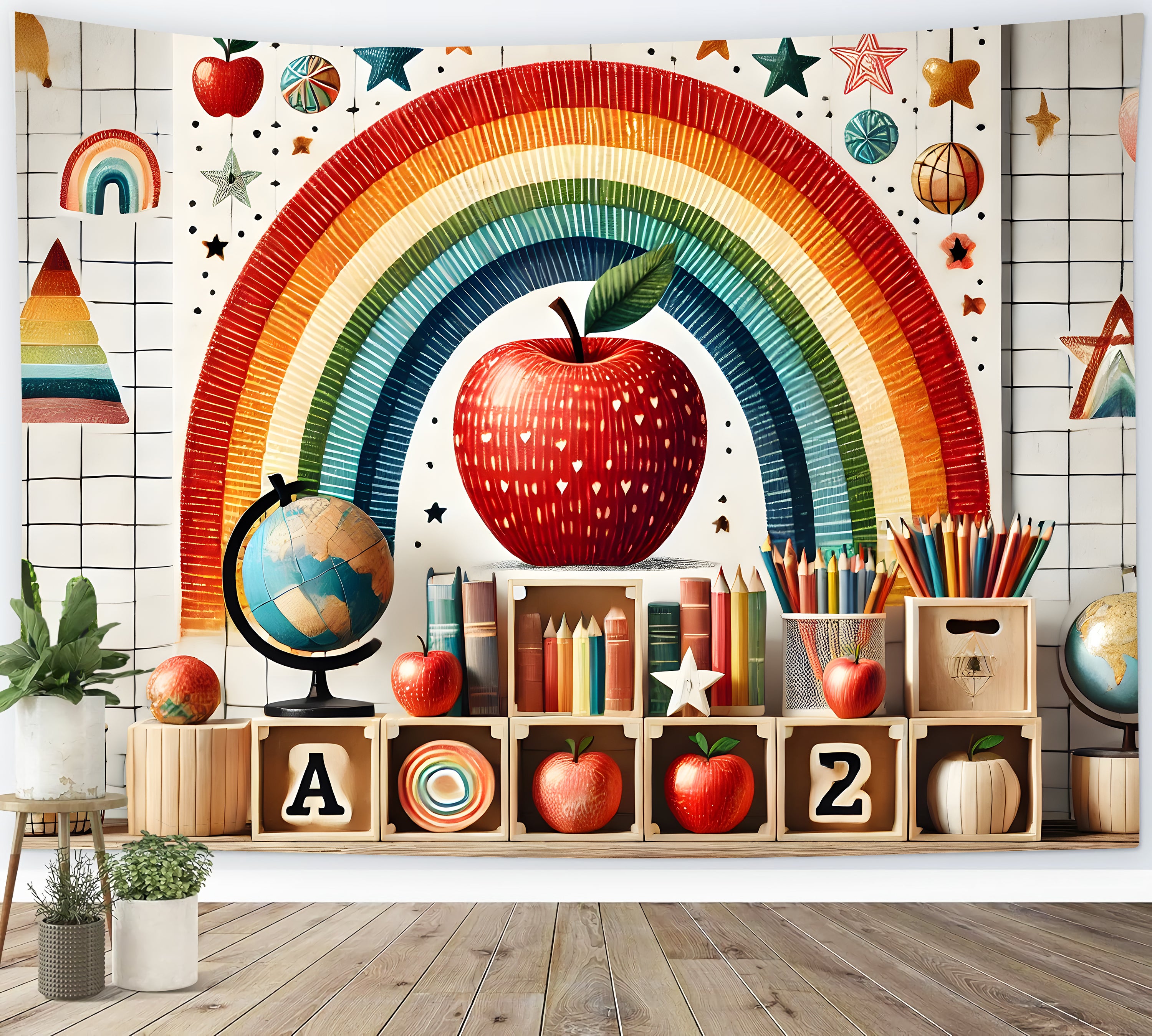 Back to School Regenbogen Äpfel Backdrop RR7-235