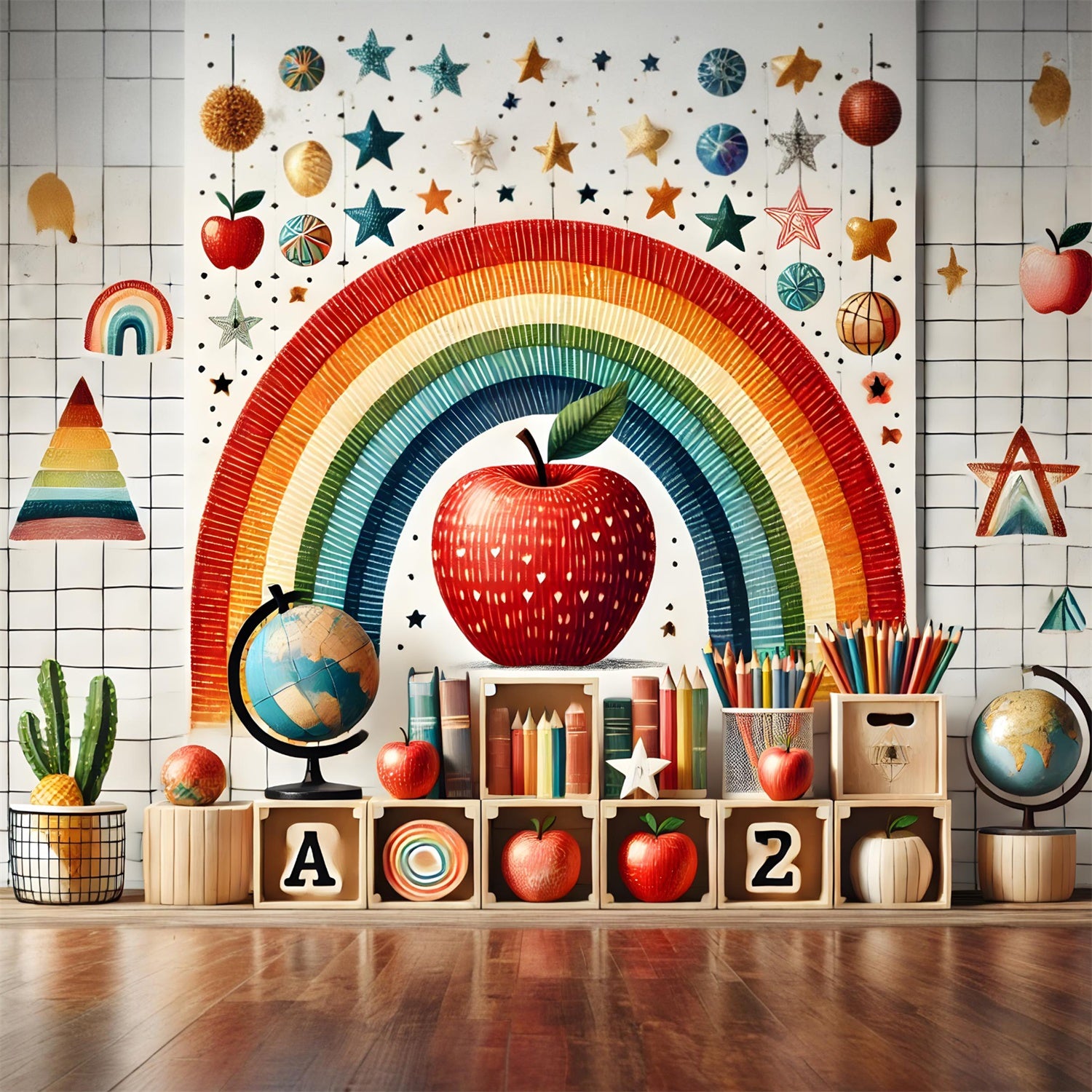 Back to School Regenbogen Äpfel Backdrop RR7-235