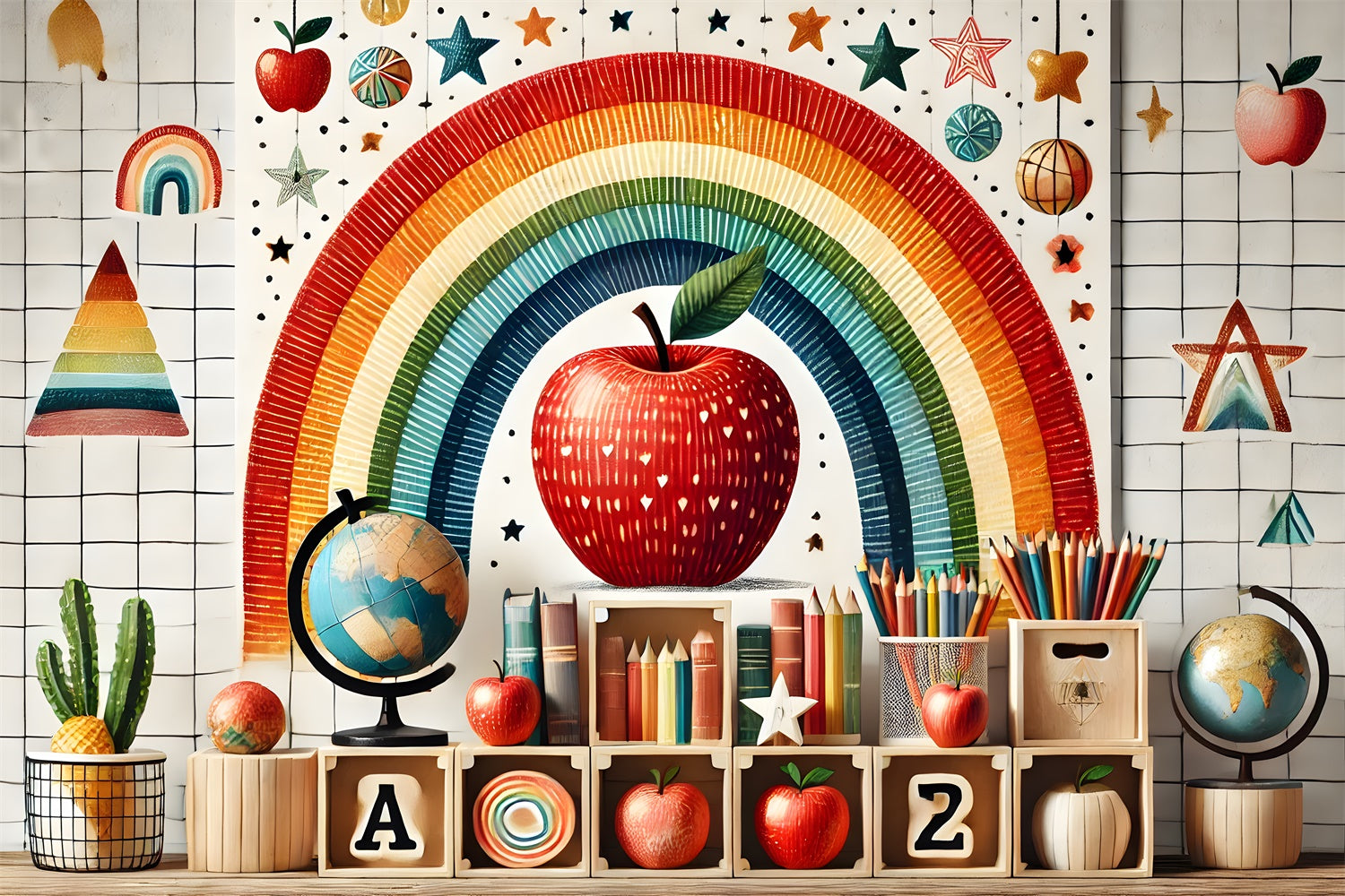 Back to School Regenbogen Äpfel Backdrop RR7-235