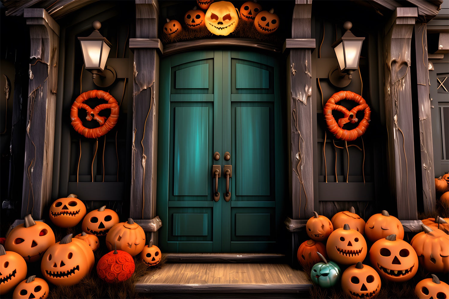 Halloween-Kürbis Gespenstische Tür Kränze Hintergrund RR7-250