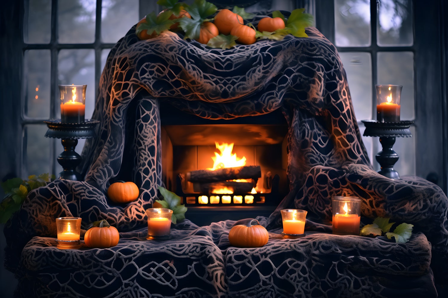 Halloween-Kürbislaternen Gemütlicher Kamin Gothic Drapes Hintergrund RR7-253