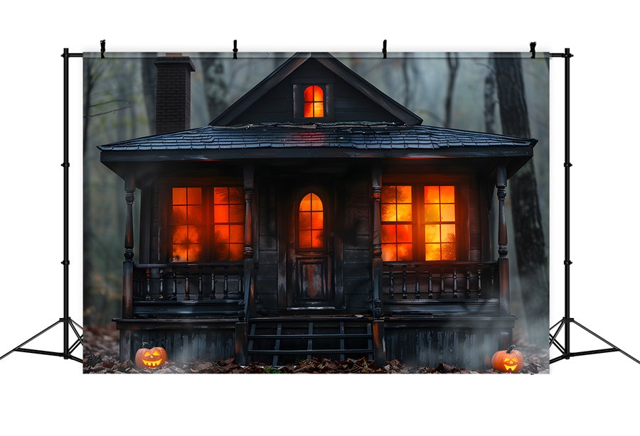 Halloween Kürbis Gespenstische Hütte in den Wäldern Hintergrund RR7-257