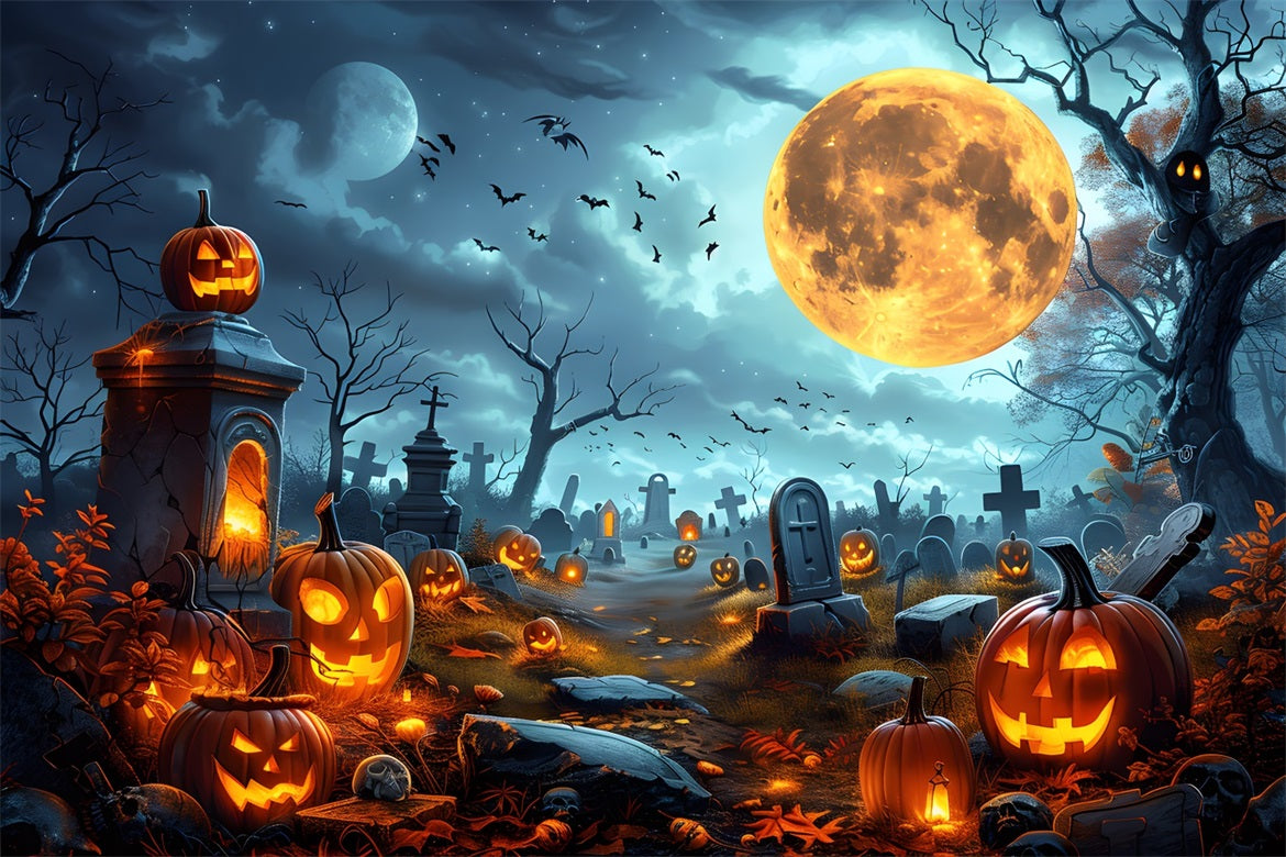Halloween-Kürbislaternen Vollmond-Friedhof-Hintergrund RR7-258