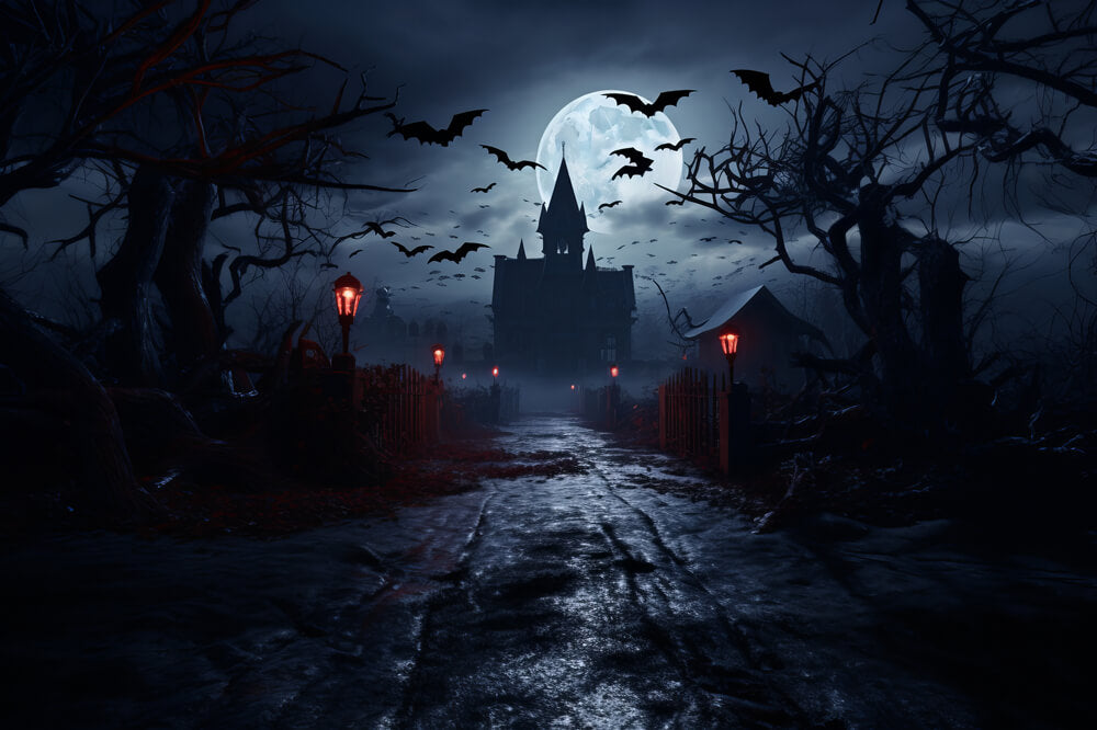 Gespenstische Halloween Geisterhäuser im Mondlicht Hintergrund RR7-26