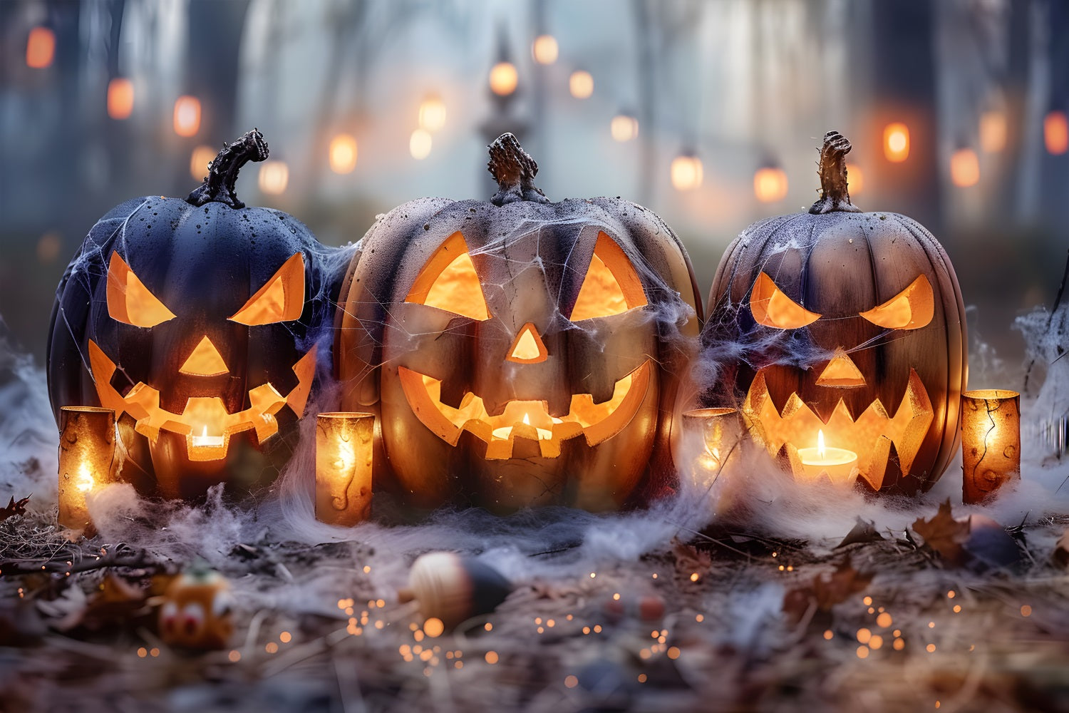 Halloween-Kürbislaternen Gespenstischer Wald-Nebel-Hintergrund RR7-262