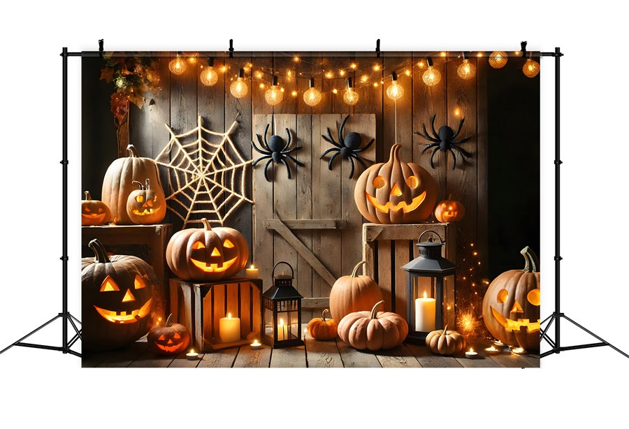 Halloween Kürbislaternen Spinnennetz Scheune Hintergrund RR7-271