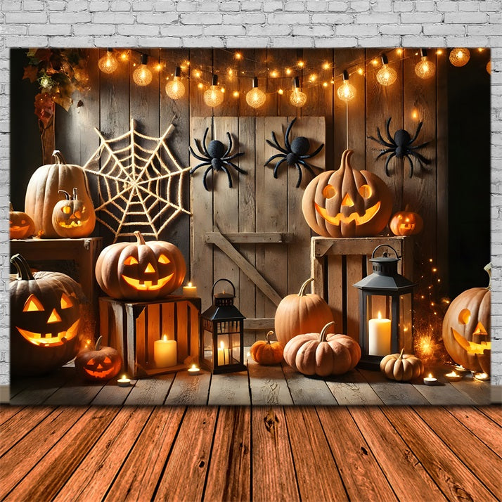 Halloween Kürbislaternen Spinnennetz Scheune Hintergrund RR7-271