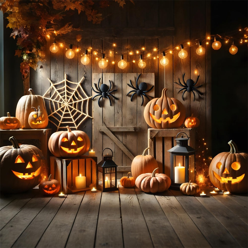 Halloween Kürbislaternen Spinnennetz Scheune Hintergrund RR7-271