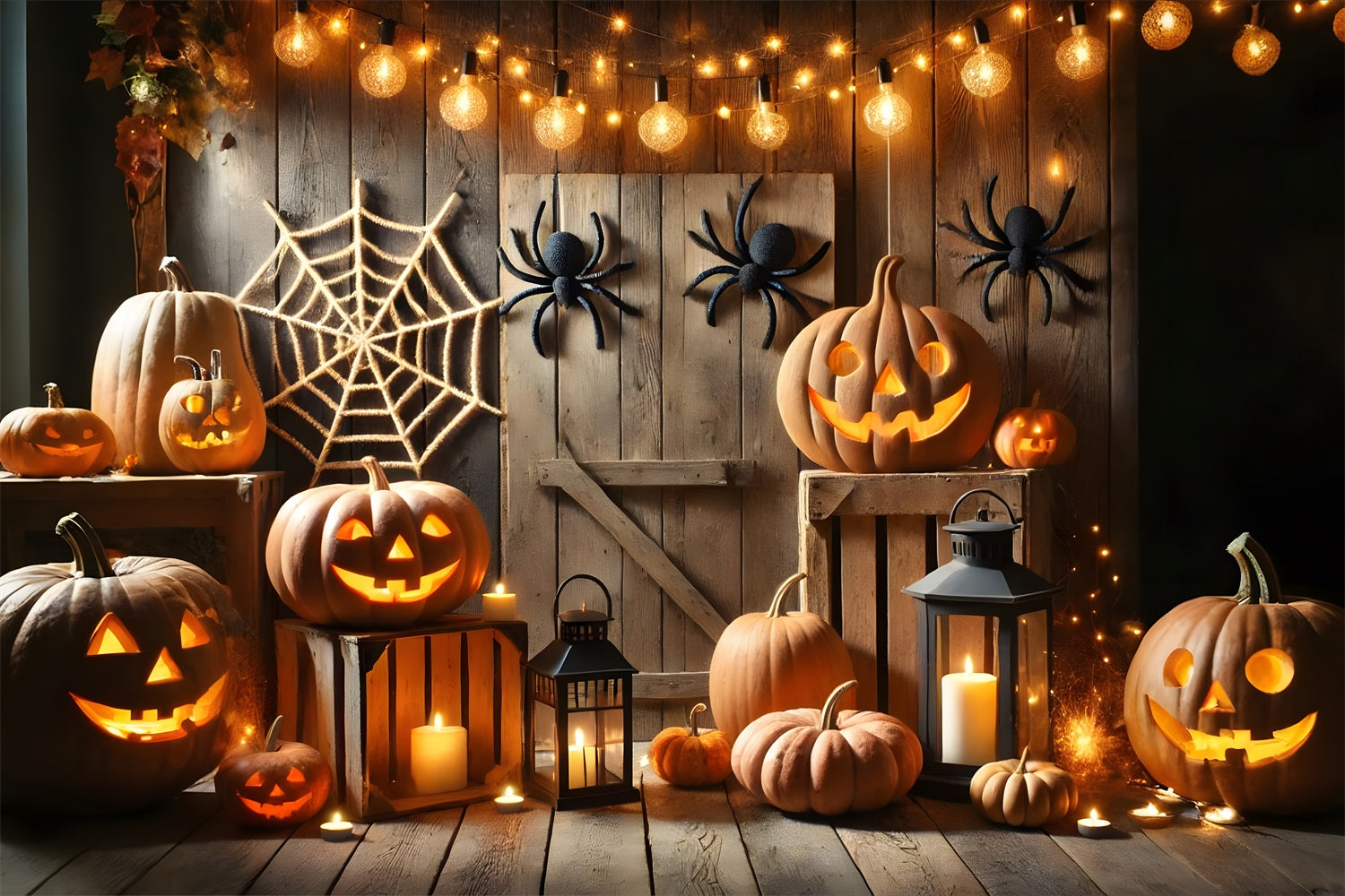 Halloween Kürbislaternen Spinnennetz Scheune Hintergrund RR7-271