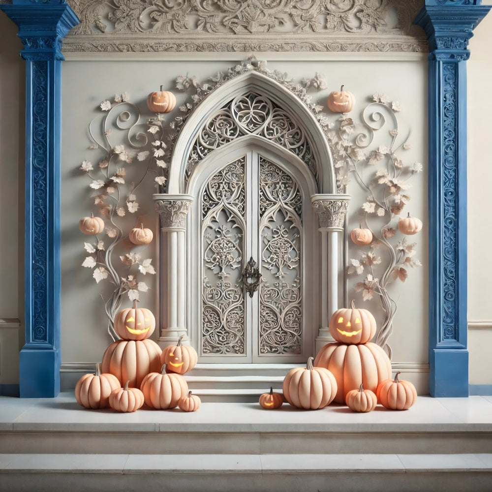 Halloween Kürbislaternen Weißer Gotischer Torbogen Hintergrund RR7-272
