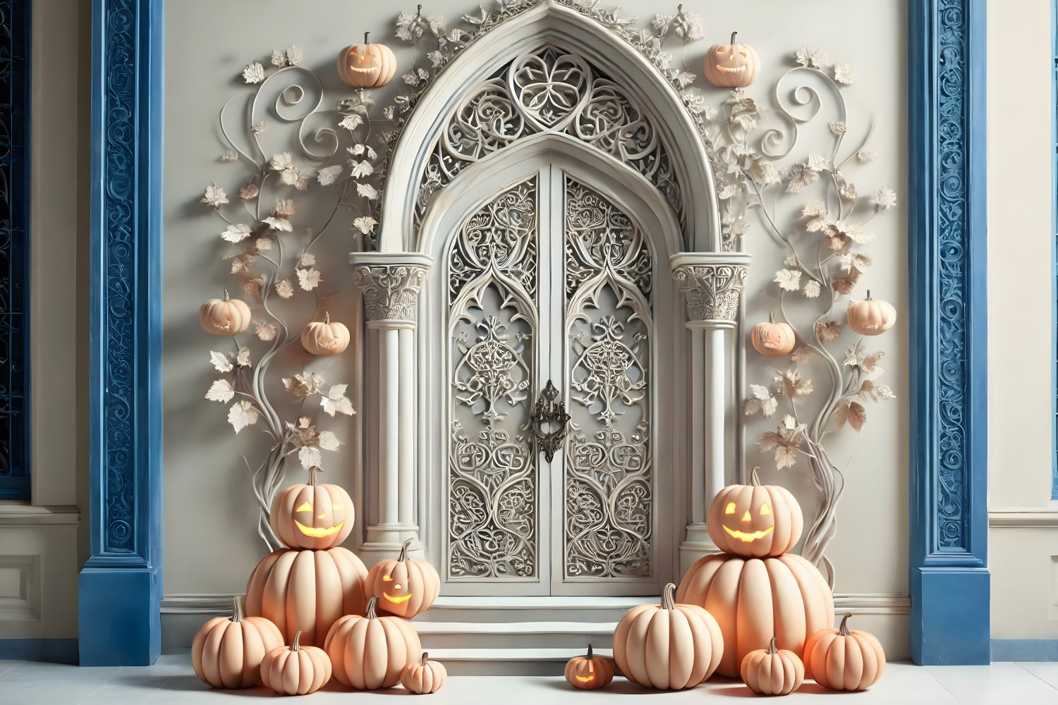 Halloween Kürbislaternen Weißer Gotischer Torbogen Hintergrund RR7-272