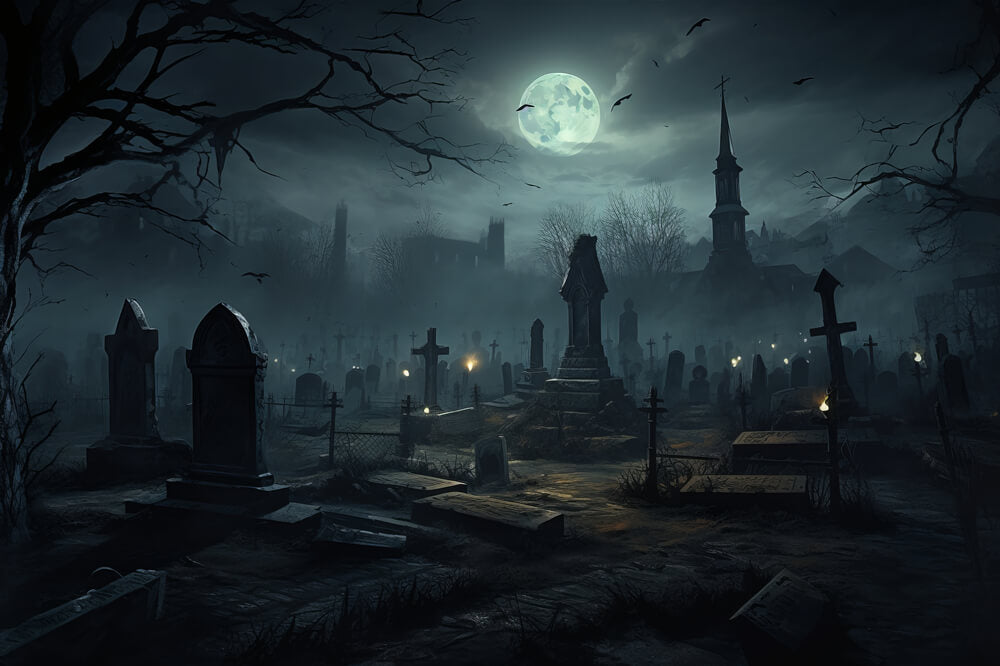 Halloween Gruselige Nacht Friedhof Grabsteine Hintergrund RR7-28