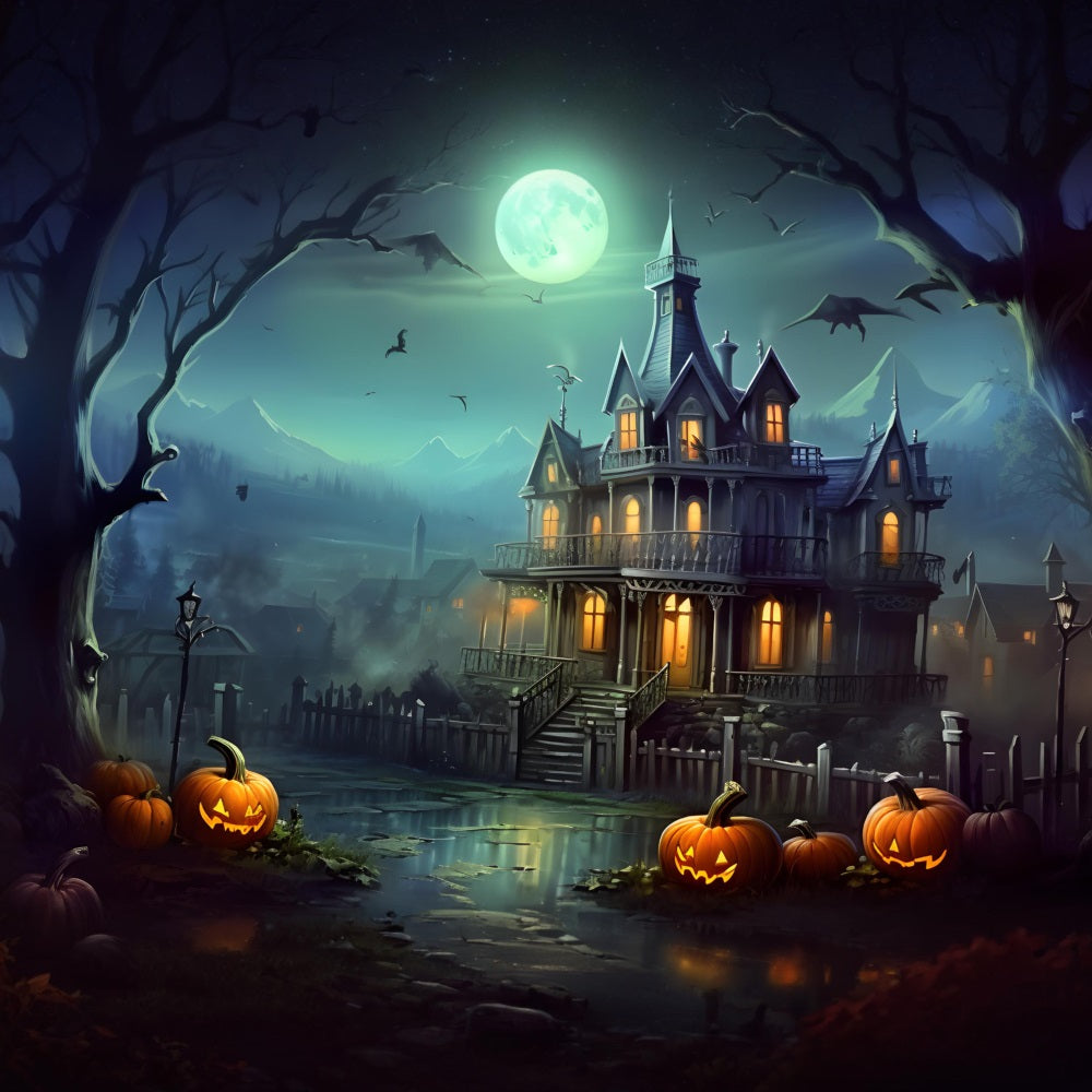 Geisterhaus Kürbislaternen Halloween Hintergrund RR7-306