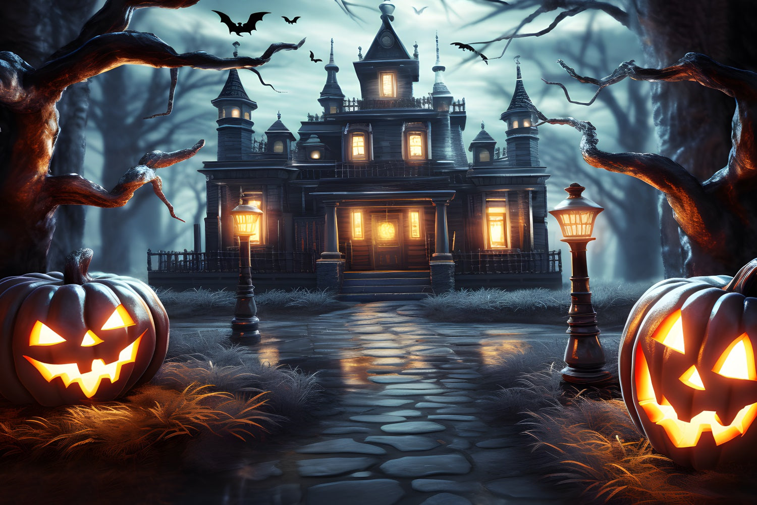 Spukhaus Kürbislaternen Halloween-Hintergrund RR7-307