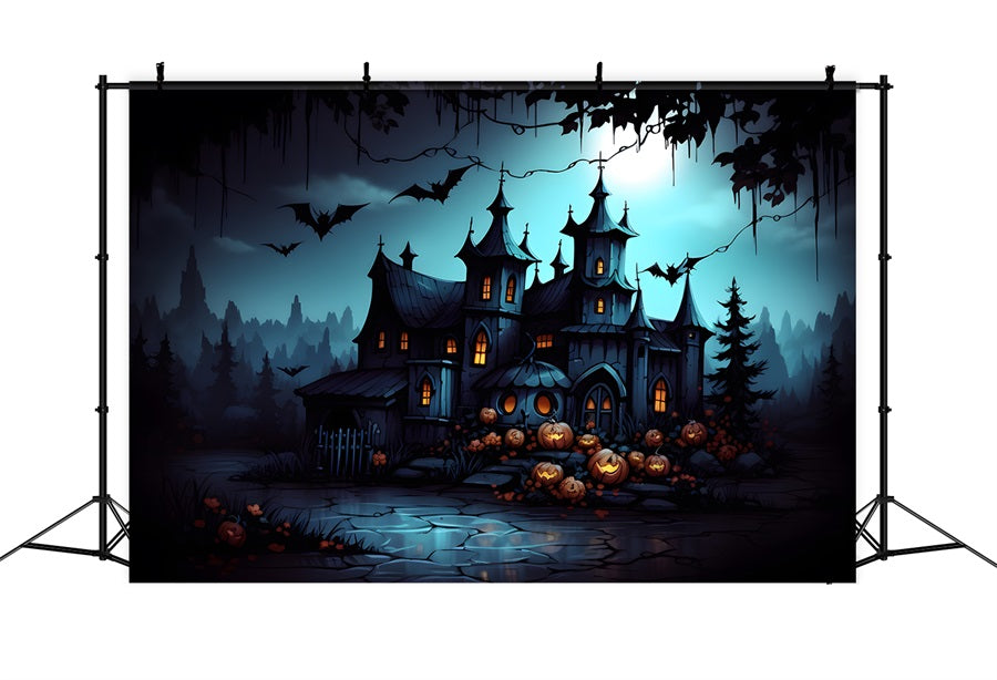 Gothic Haunted Mansion mit Jack-O'-Lanterns Fledermäusen Hintergrund RR7-316