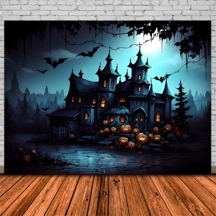 Gothic Haunted Mansion mit Jack-O'-Lanterns Fledermäusen Hintergrund RR7-316