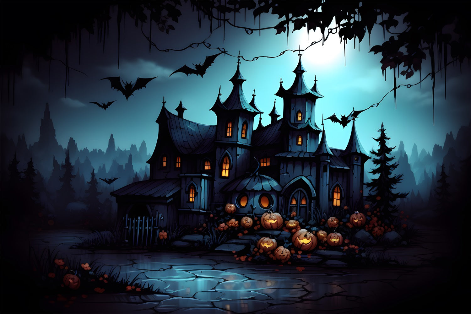 Gothic Haunted Mansion mit Jack-O'-Lanterns Fledermäusen Hintergrund RR7-316