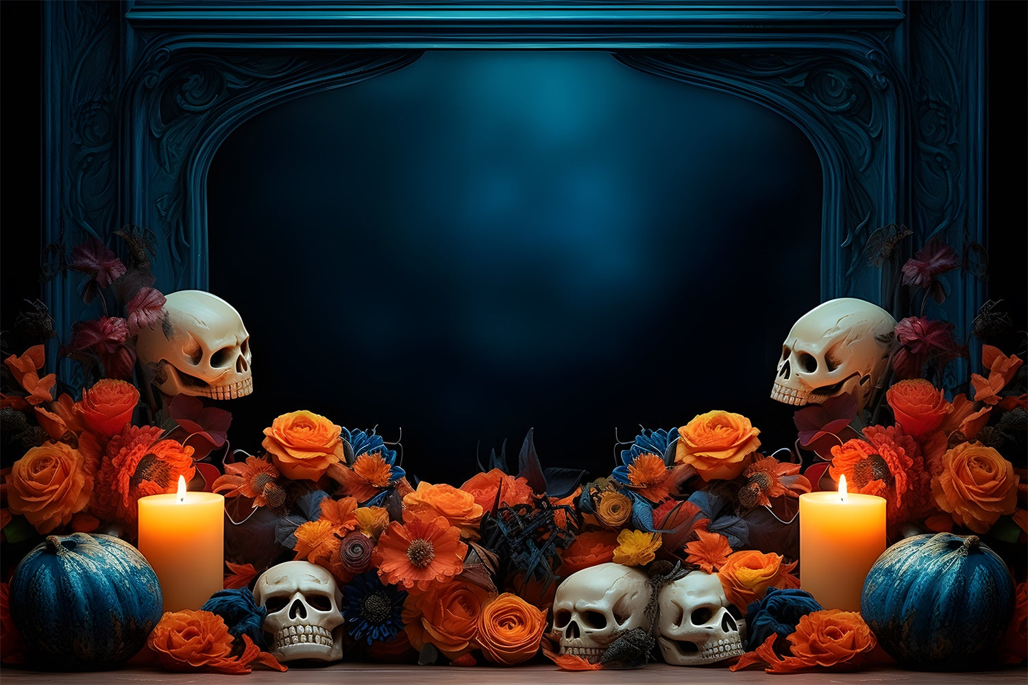 Halloween-Totenkopf und Blumen-Display mit Kerzenlicht RR7-337