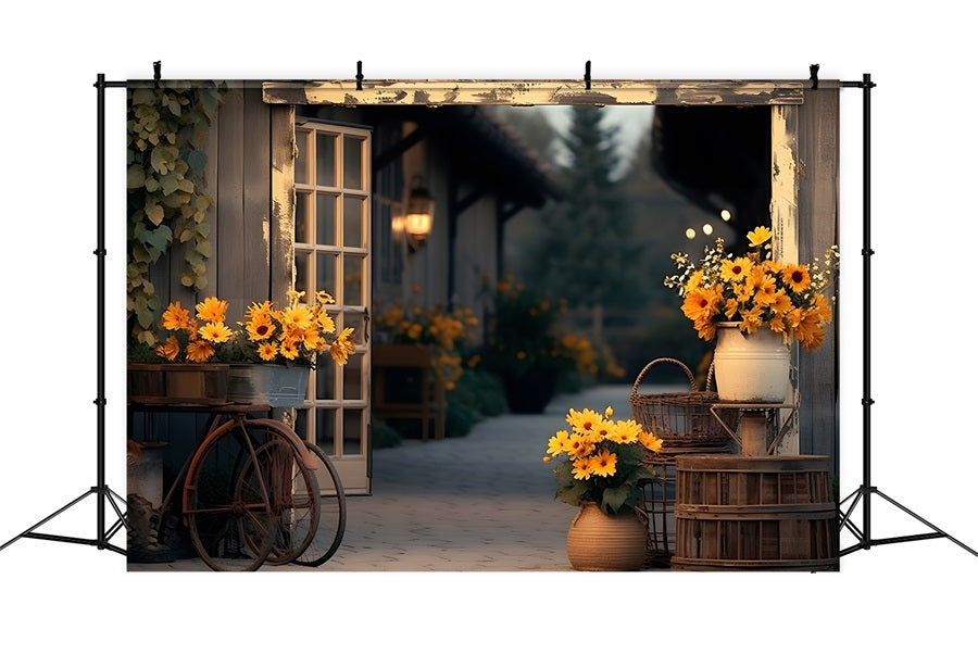 Herbstliches Bauernhaus mit Sonnenblumen Hintergrund RR7-339