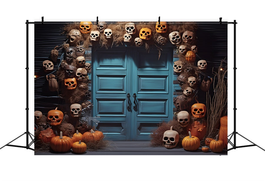 Blaue Tür-Hintergrundkulisse mit Halloween-Totenkopf und Kürbislaterne RR7-343