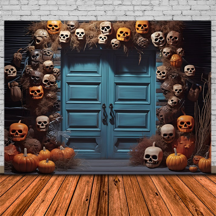 Blaue Tür-Hintergrundkulisse mit Halloween-Totenkopf und Kürbislaterne RR7-343