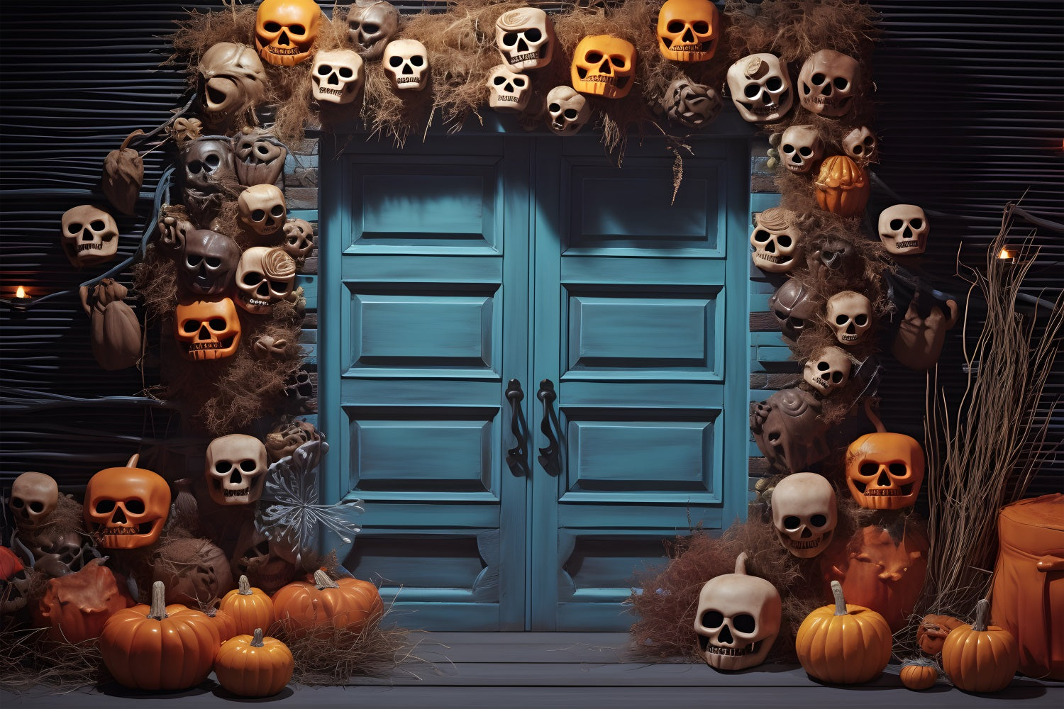 Blaue Tür-Hintergrundkulisse mit Halloween-Totenkopf und Kürbislaterne RR7-343