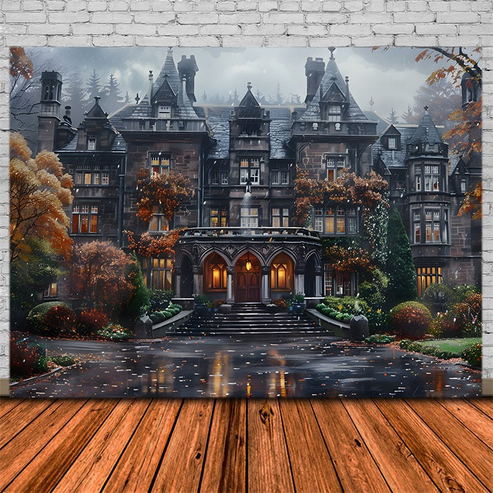 Halloween Gothic Herrenhaus mit Herbstlaub Hintergrund RR7-344