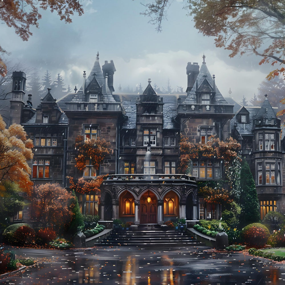 Halloween Gothic Herrenhaus mit Herbstlaub Hintergrund RR7-344