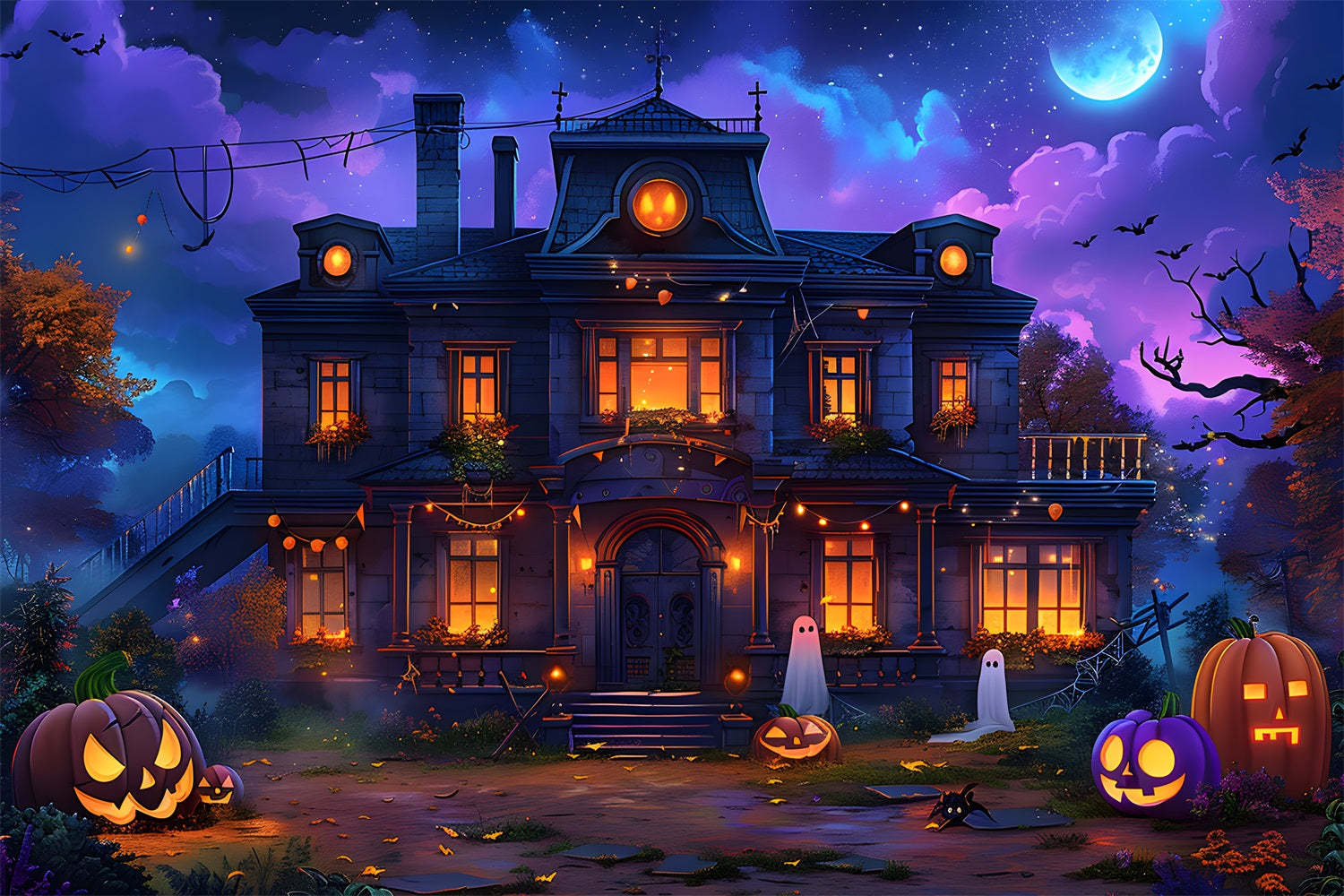 Halloween Verzaubertes Haus Jack-o'-Lanterns Geister Backdrop RR7-351