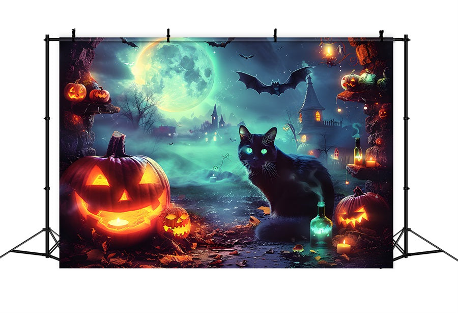 Halloween Enchanted Moonlit Village Glühende Katze Hintergrund RR7-361