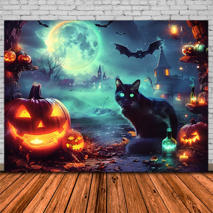 Halloween Enchanted Moonlit Village Glühende Katze Hintergrund RR7-361