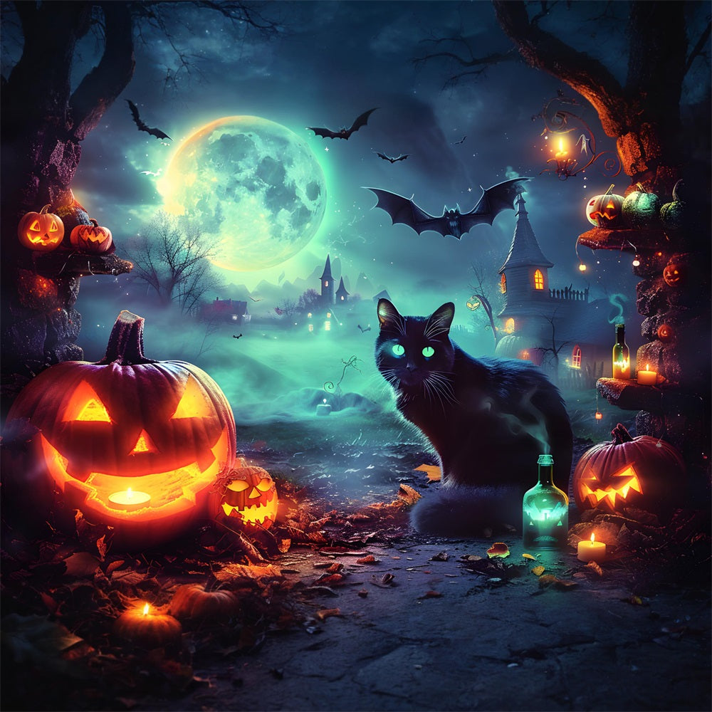 Halloween Enchanted Moonlit Village Glühende Katze Hintergrund RR7-361