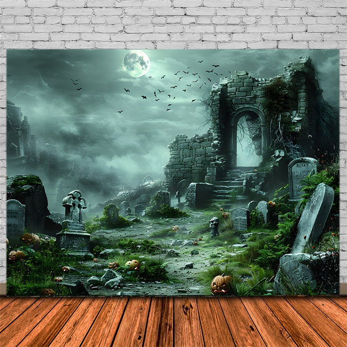 Halloween Geisterruine mit Kürbis-Friedhof Hintergrund RR7-373