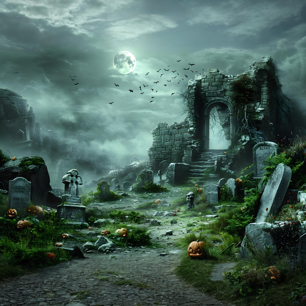 Halloween Geisterruine mit Kürbis-Friedhof Hintergrund RR7-373