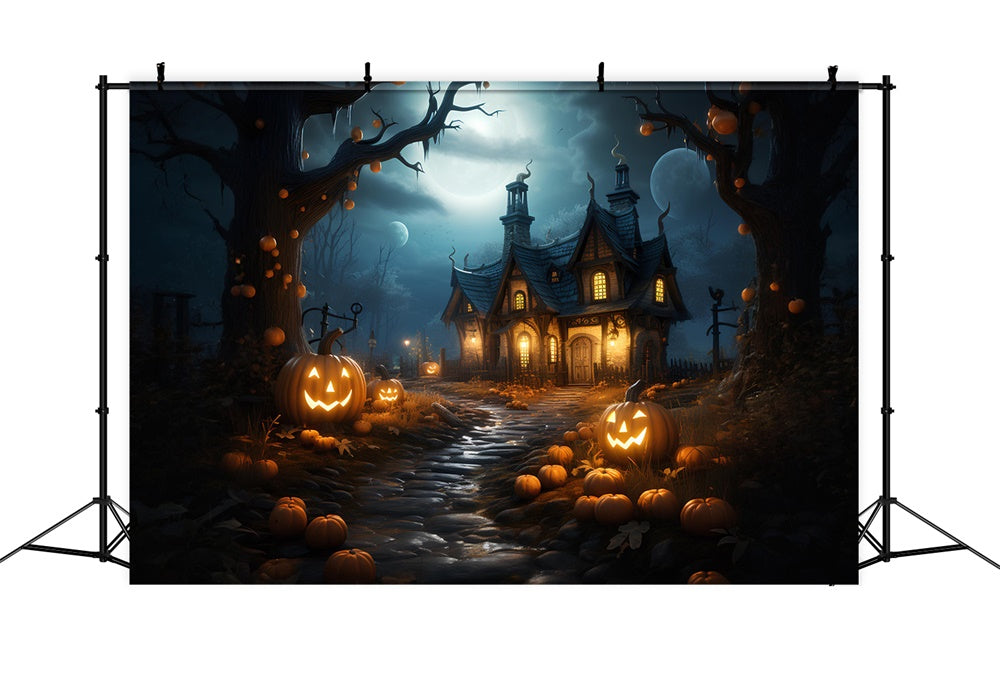 Halloween Wald Spukhaus Kürbisse Hintergrund RR7-383