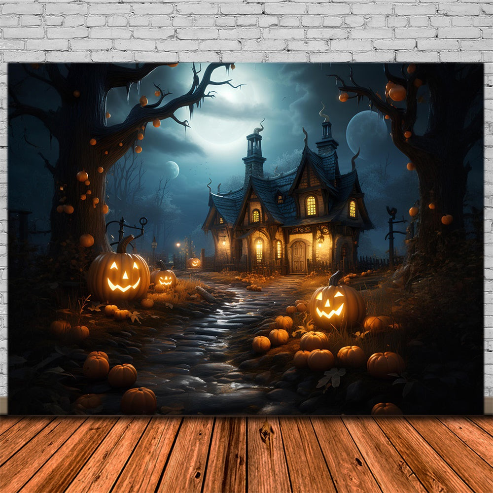 Halloween Wald Spukhaus Kürbisse Hintergrund RR7-383